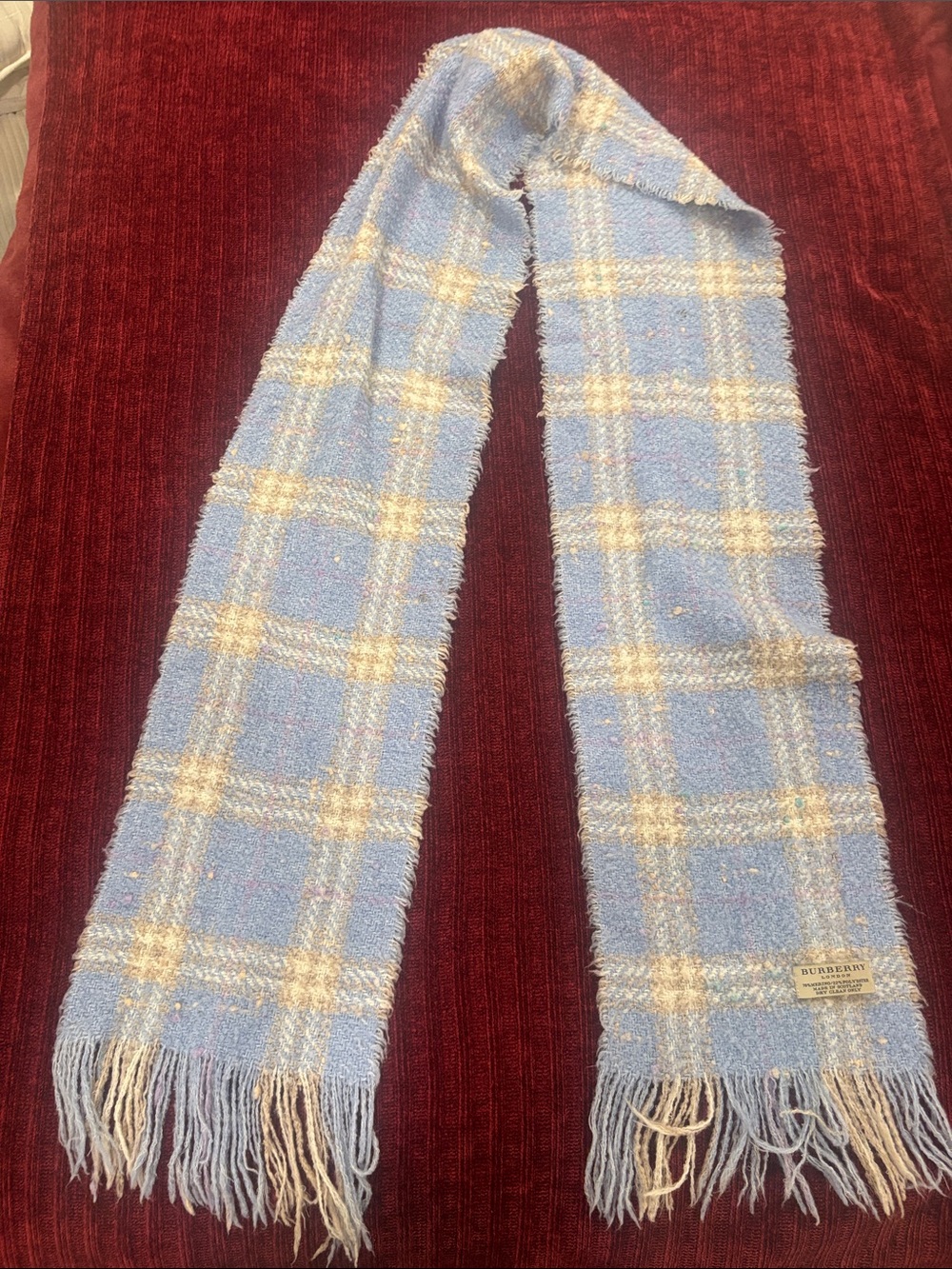 Burberry Light Blue Merino Wool Plaid Fringe Scarf with Cream Accents